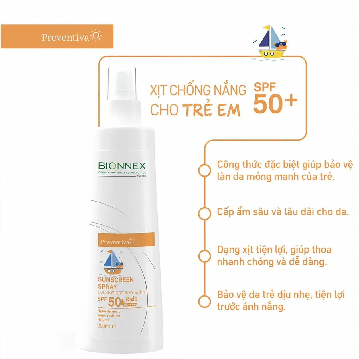 Xịt Chống Nắng Cho Bé Bionnex Preventiva Kids SPF 50+ (200ml) Hover