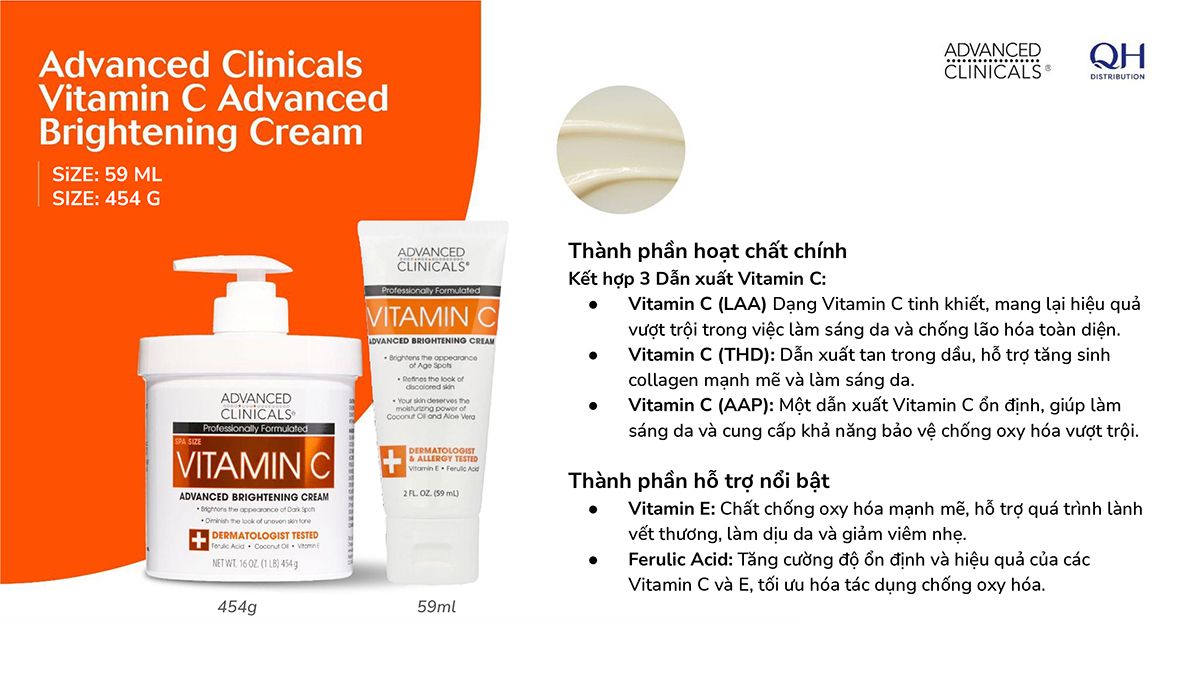 Kem dưỡng sáng da chuyên sâu Advanced Clinicals Vitamin C Advanced Brightening Cream 59ml & 454g